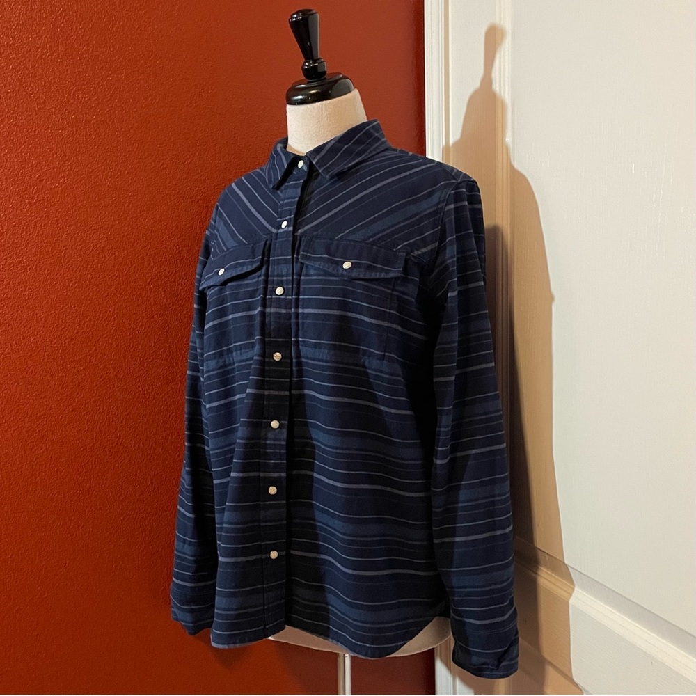 Stio Women’s Slipstone Midweight Blue‎ Pearl Snap Striped Organic Cotton Flannel